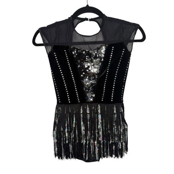 Weissman Costumes Girls 10/12 Dance Leotard Fringe Sequins Rhinestones Black - Picture 1 of 7